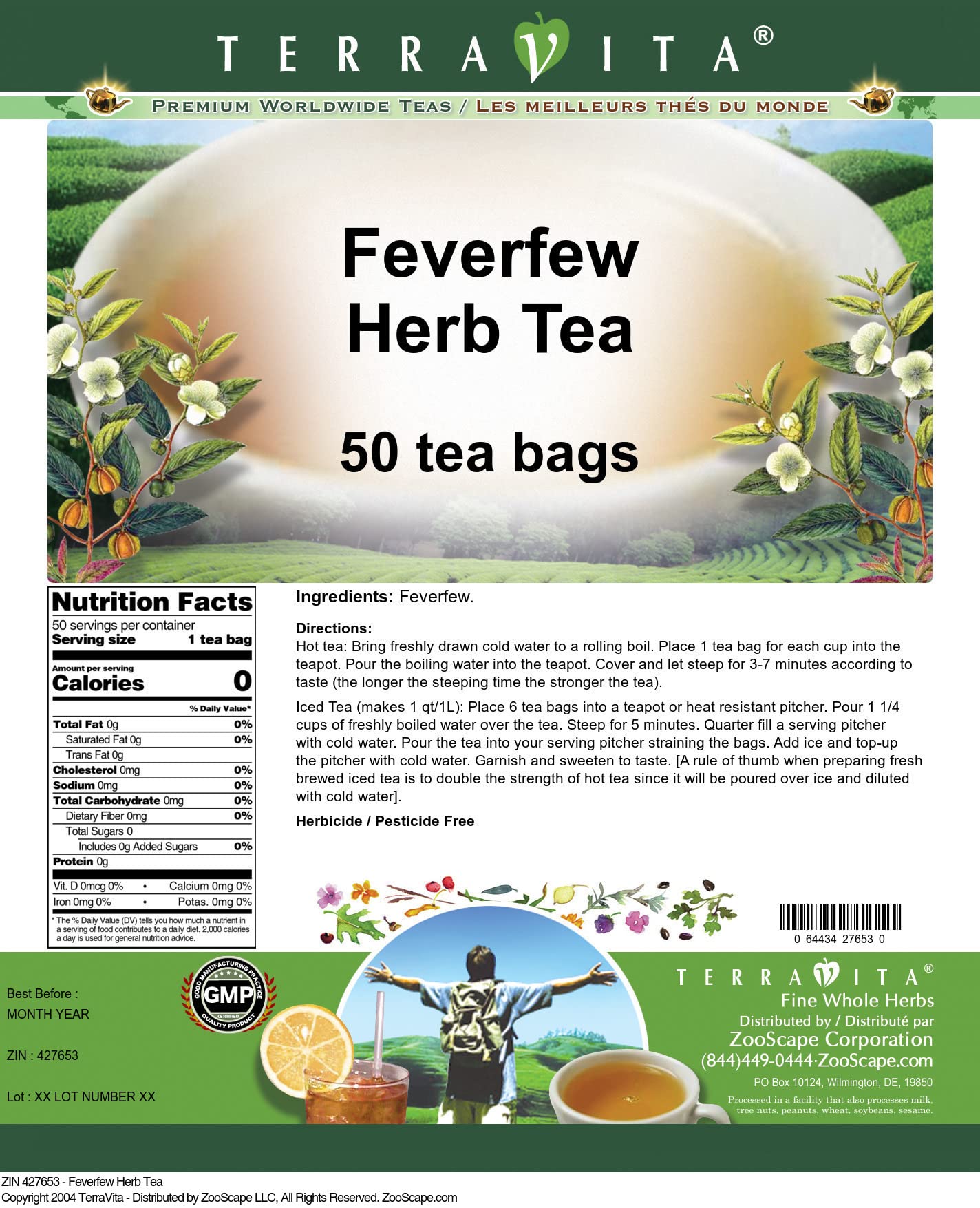 Organic Feverfew Herb Tea - 50 Tea Bags for Headache Relief & Migraine Support | Natural Herbal Remedy | ZIN 427653 | Perfect for Stress Relief & Relaxation at Home or Office