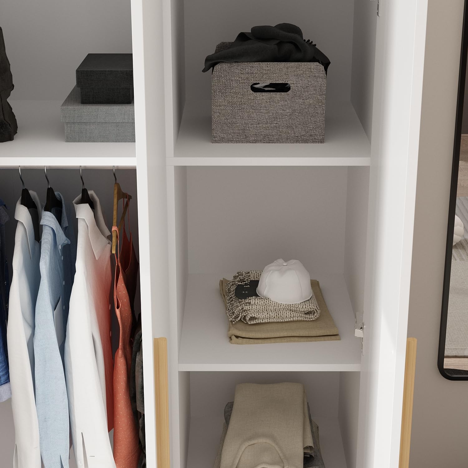 MOUMON 3-Door Wardrobe Closet with Hanging Rod & Cube Shelves, White Storage Cabinet for Bedroom (18.9