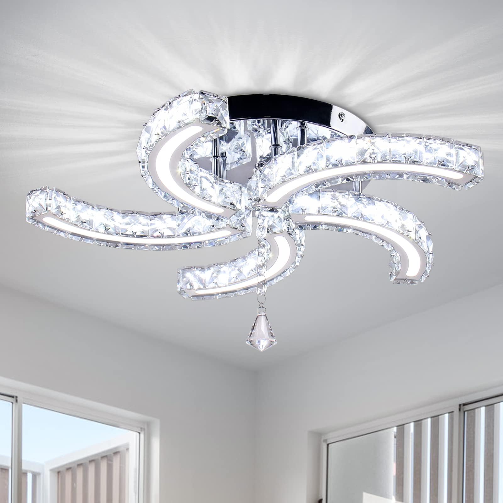 Modern Crystal Chandeliers - Acrylic LED Ceiling Light Fixture with Stainless Steel Arms, Elegant Pendant Lighting for Living Room, Dining Room & Bedroom (Cold White) | Perfect for Home Decor, Wedding Venues and Luxury Interior Design