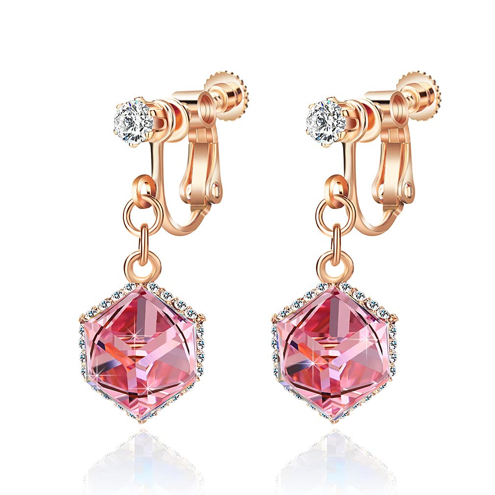 Cube Austrian Crystal Drop Clip-On Dangle Earrings for Women - Non-Pierced 14K Rose Gold Plated Hypoallergenic Jewelry - Perfect for Weddings, Parties & Special Occasions
