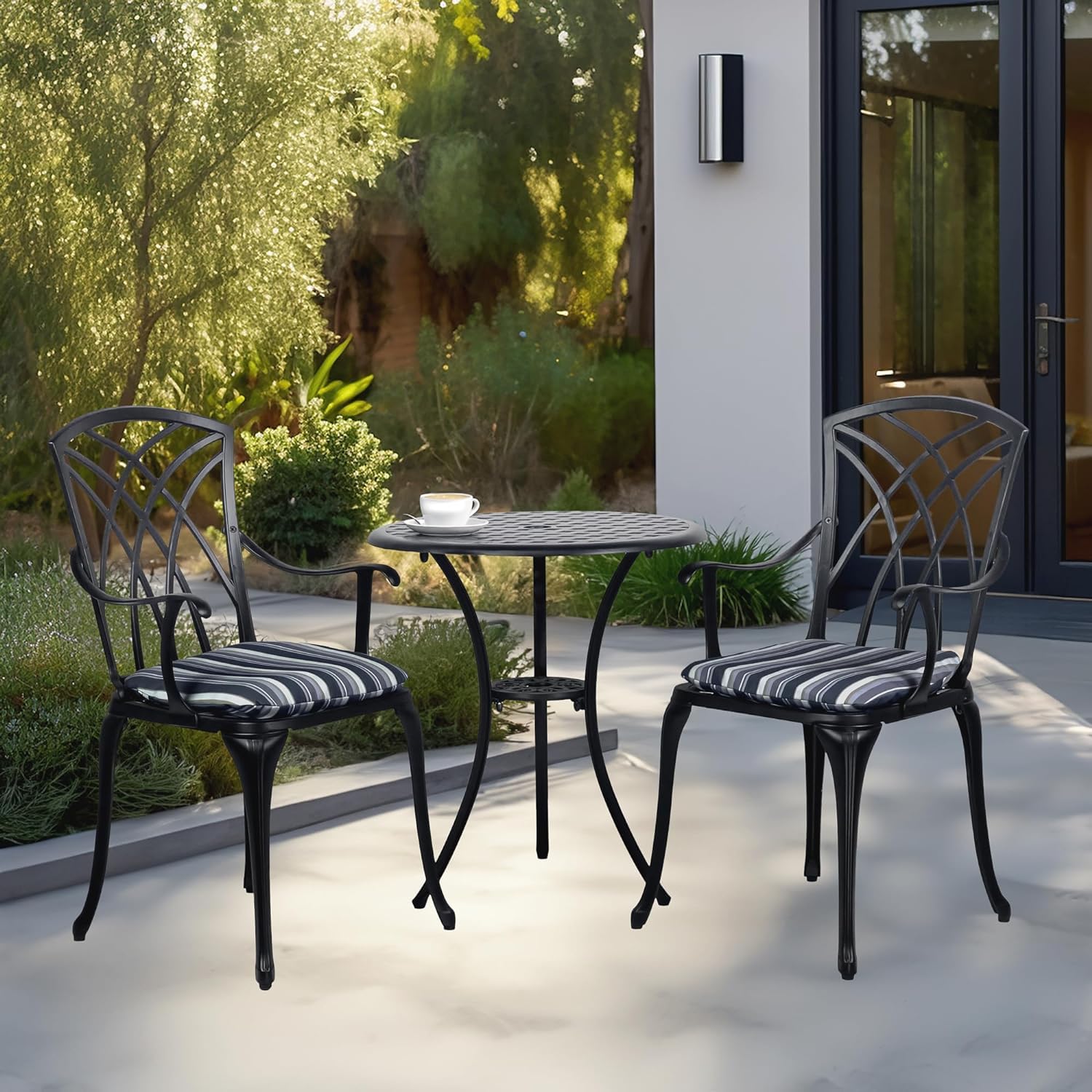 3Pcs Black Cast Aluminum Patio Bistro Set with Cushions - Outdoor Dining Table with Umbrella Hole & 2 Chairs - Durable Metal Garden Furniture for Backyard, Poolside & Balcony Relaxation
