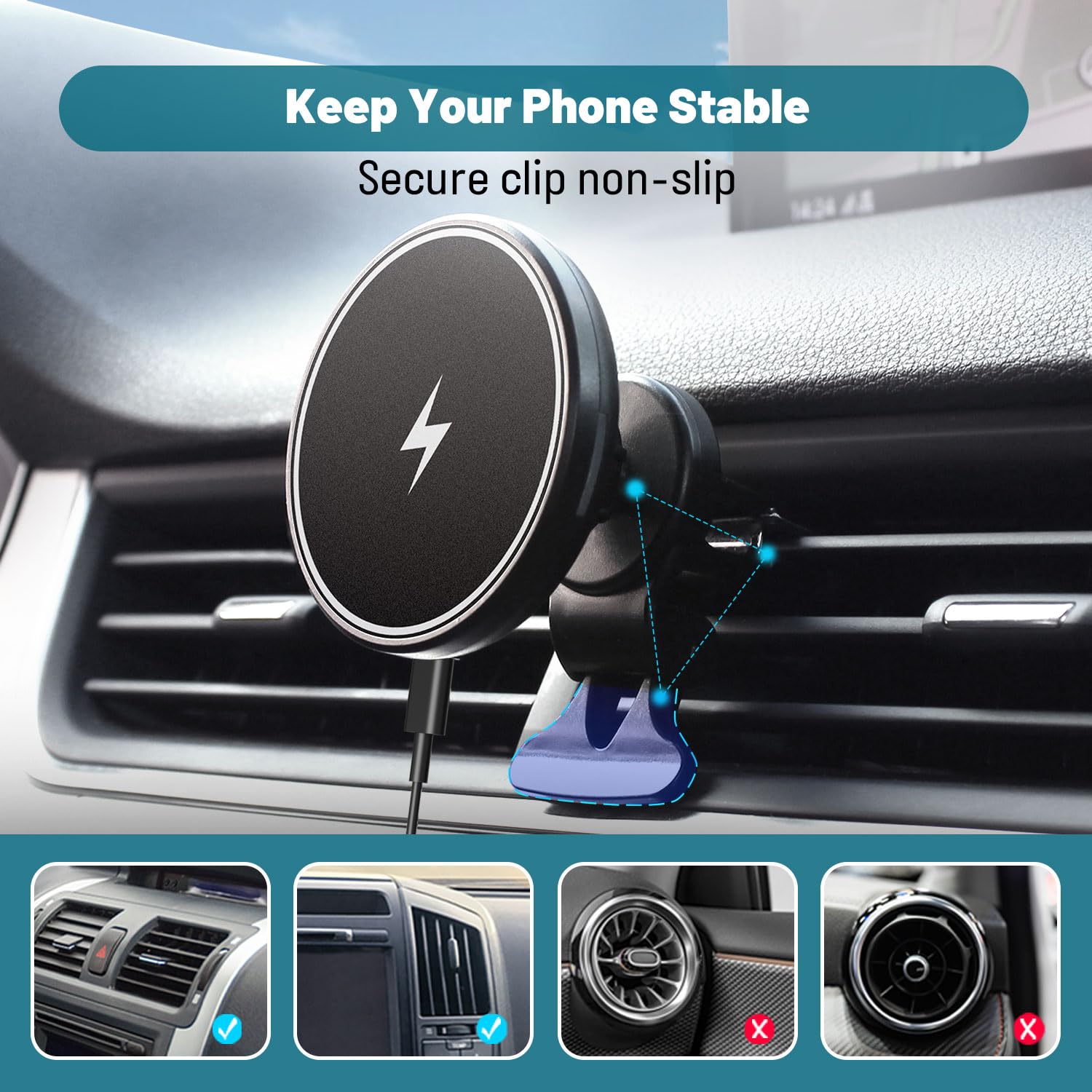 Kazumi Magnetic Wireless Car Charger - Strong Magnetic 360° Adjustable Phone Holder, Compatible with MagSafe, iPhone 14/13/12, Samsung Galaxy S23/S22, Google Pixel, LG | Perfect for Safe Hands-Free Charging While Driving