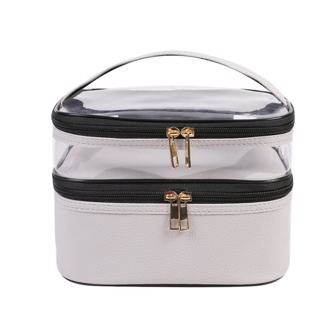 FITINI Double Layer Water-resistant Makeup Bag for Women - Travel Cosmetic Organizer with Brush Holder, Toiletry Storage Case (Gray) | Perfect for Travel, Gym & Daily Makeup Organization