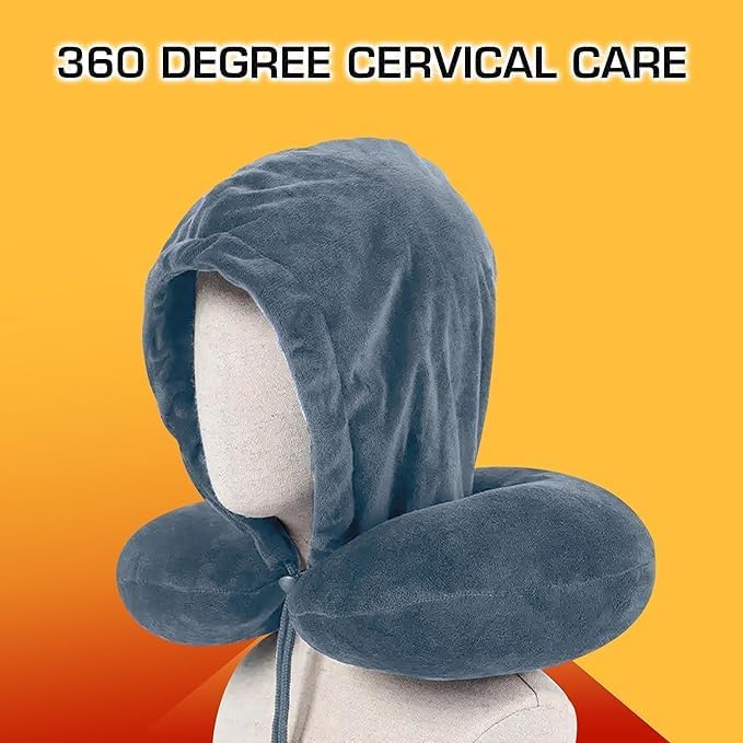 Ashtron Hooded Travel Neck Pillow - Ergonomic Memory Foam Cervical Support Pillow for Neck Pain Relief, Perfect for Airplane, Car & Train Travel - Ideal for Men & Women on Long Flights, Road Trips & Commuting