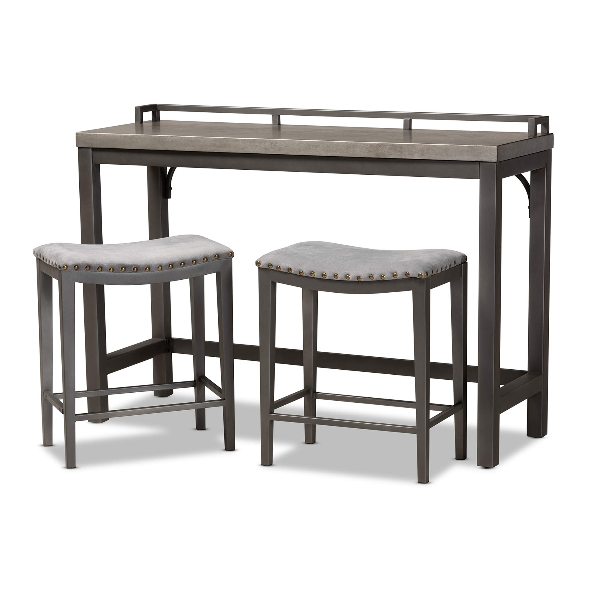 Baxton Studio Pub Table Set with 2 Stools - Modern Grey Bar Height Dining Set for Kitchen, Patio & Small Spaces