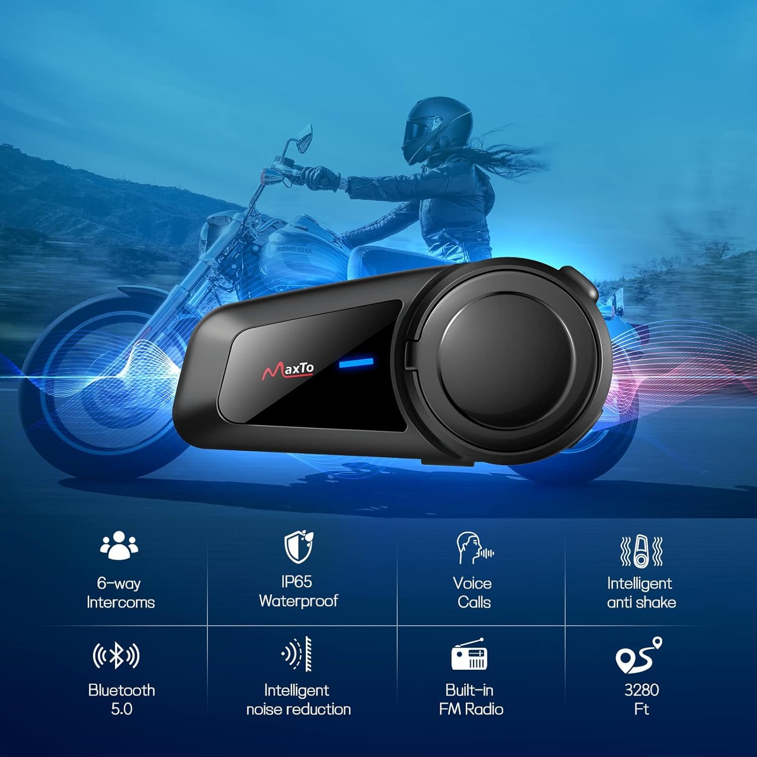 MAXTO M2 Bluetooth Motorcycle Helmet Headset - Wireless Intercom for 2-6 Riders with 1000m Range, Universal Pairing, Waterproof Design for Group Communication - Perfect for Motorcycling, Skiing & Outdoor Sports