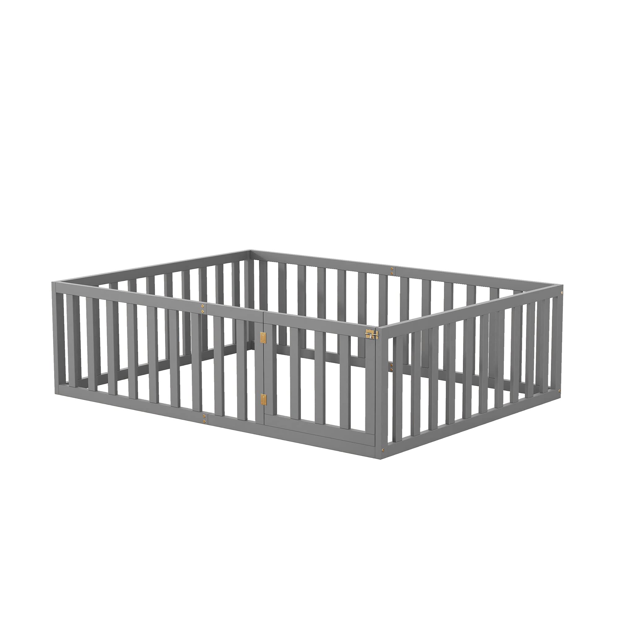 Bellemave Full Size Wooden Montessori Bed Frame for Kids with Fence-Shaped Guardrails & Door - Gray - Safe Toddler Bed for Daycare, Nursery & Children's Bedroom