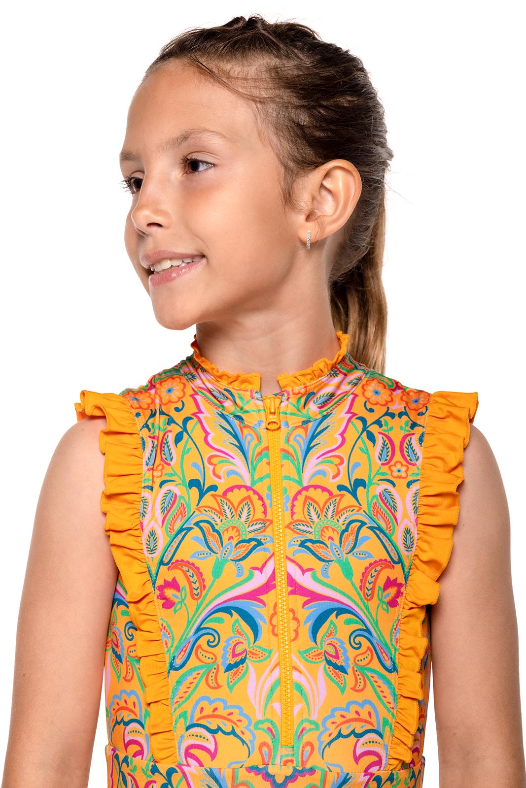 Girl's Angelfish Ruffle Swimsuit - Apricot Crush MOSAIC GARDEN | Cute One-Piece Bathing Suit for Toddler Beach & Pool Play
