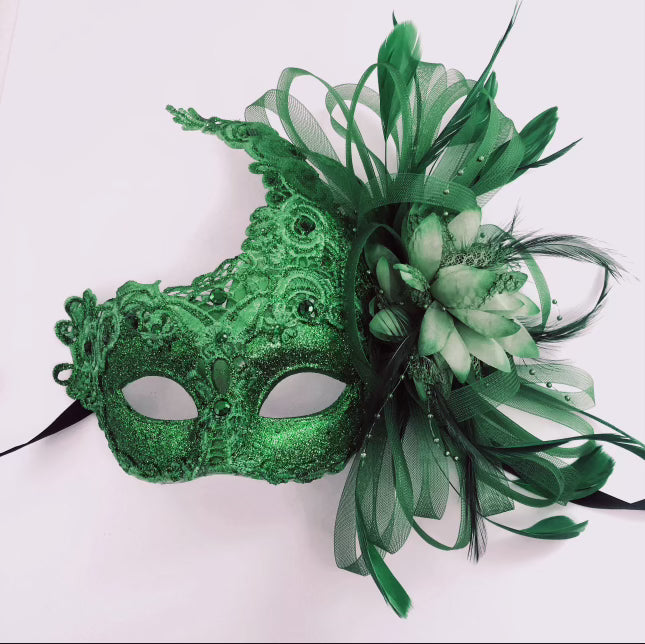 Elegant Green Floral Brocade Feather Mask for Masquerade Balls, Halloween, and Costume Parties - Handmade Venetian Style Luxury Mask