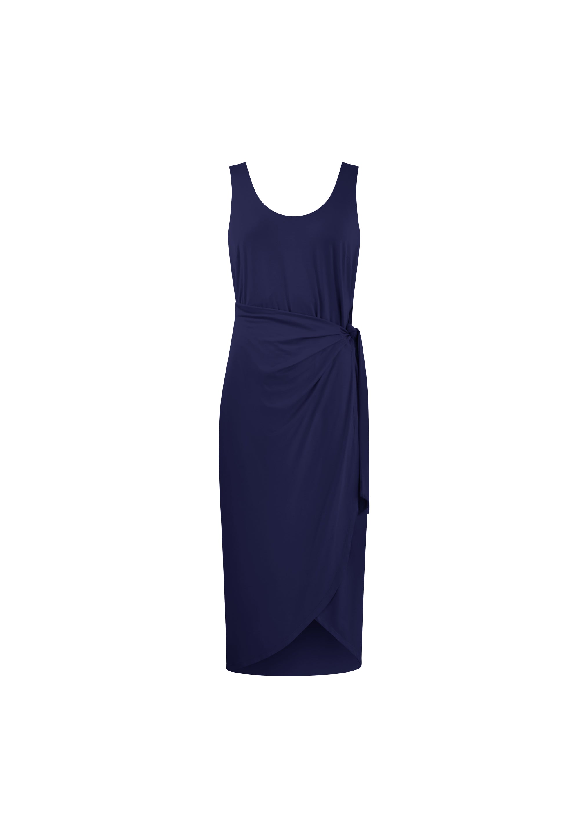 Navy Blue Jersey Tie Waist Midi Dress for Women - Casual Summer Wrap Dress for Beach, Office & Date Night
