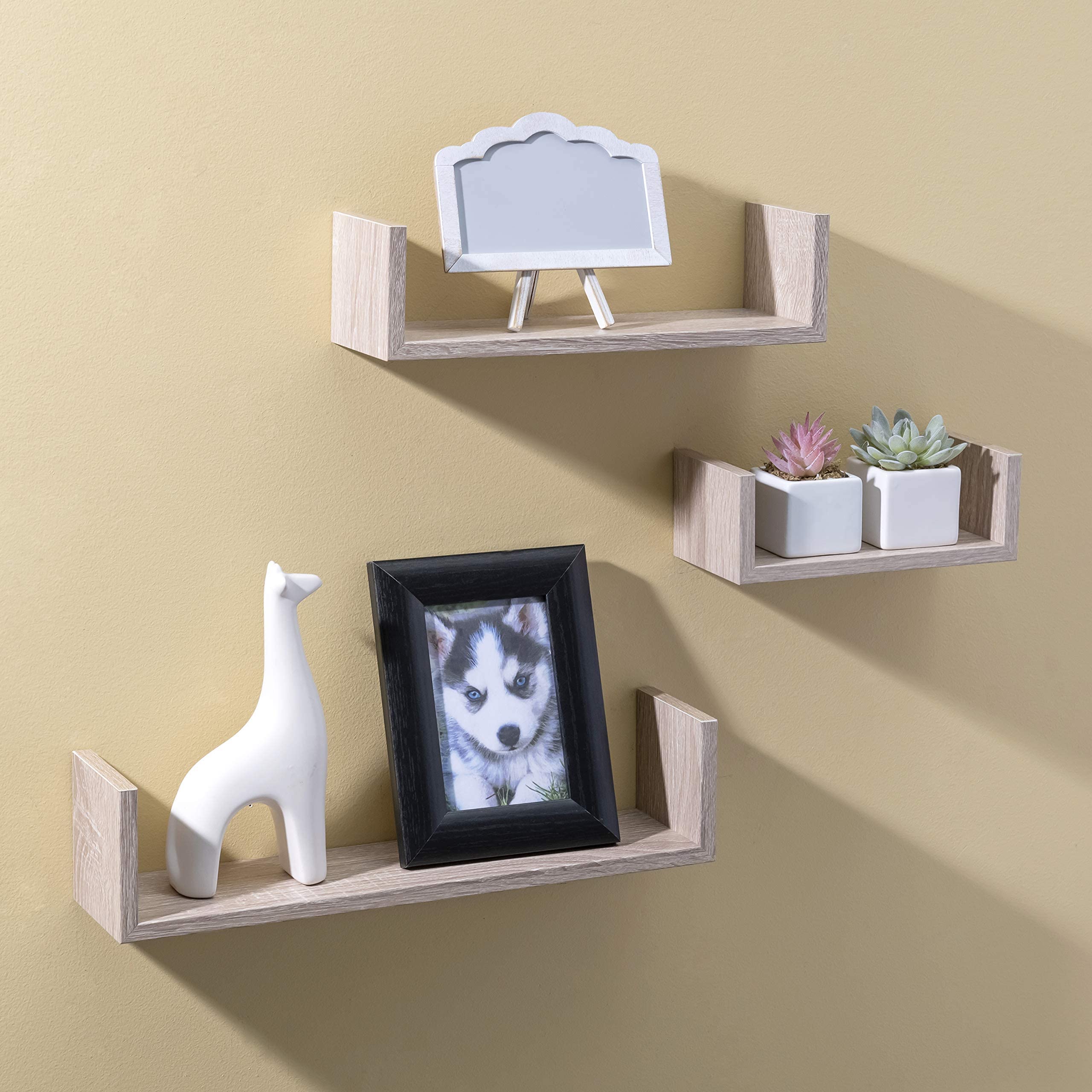 Durable Floating Wood Shelves Set of 3 - Solid Oak Wall Shelves for Living Room, Bedroom, Kitchen Storage & Decor