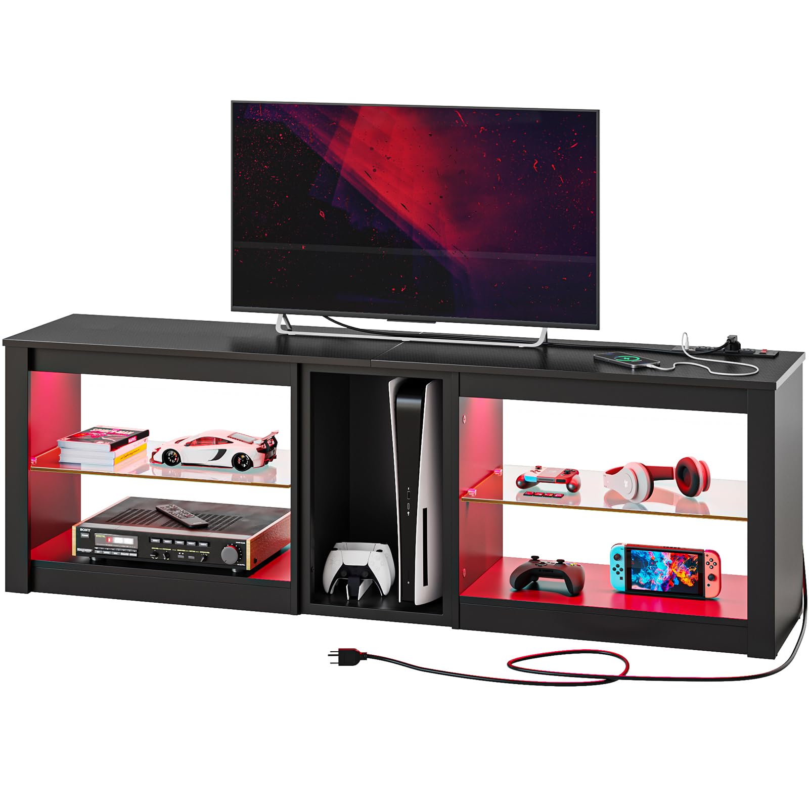 Bestier 70 Inch TV Stand with Power Outlets & LED Lights - Modern Entertainment Center for PS5, Xbox & Gaming Consoles - Black Carbon Fiber TV Console with Tempered Glass Shelves - Perfect for Living Room & Home Theater Setup