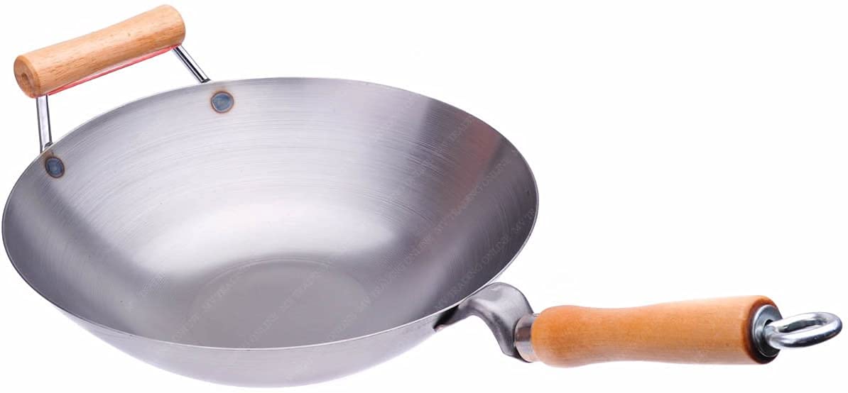14 Inch Carbon Steel Wok - Flat Bottom with Helper Handle - 14 Gauge Thickness - USA Made - Perfect for Stir Frying, Sautéing & Deep Frying in Home Kitchens