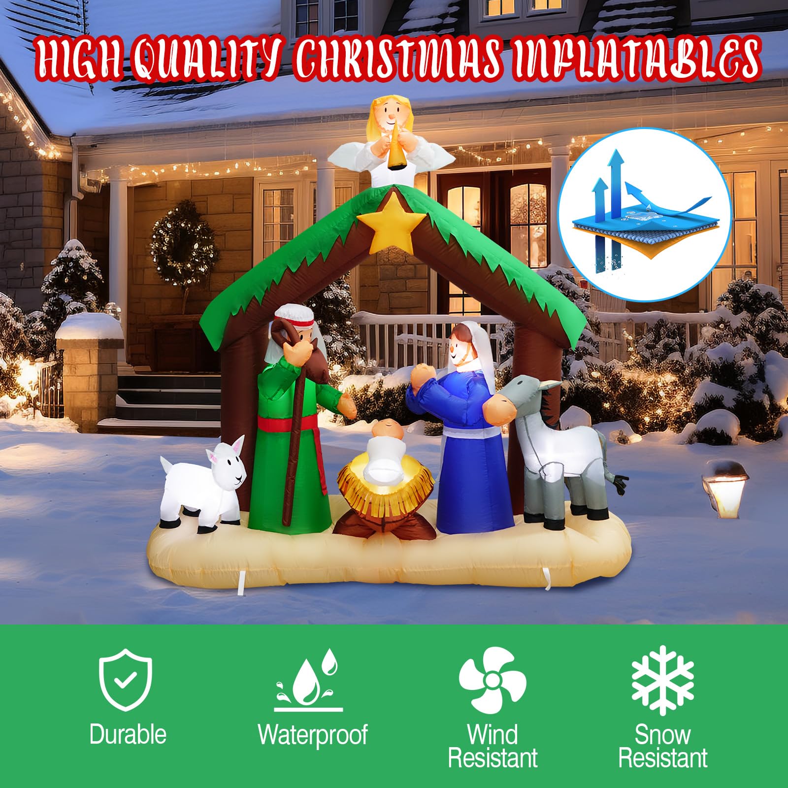 6.4 FT Christmas Inflatable Nativity Scene with Jesus, Stable & Angels - LED Lighted Outdoor/Indoor Yard Decoration for Holiday Decor - Perfect for Home, Church, and Xmas Gift Giving