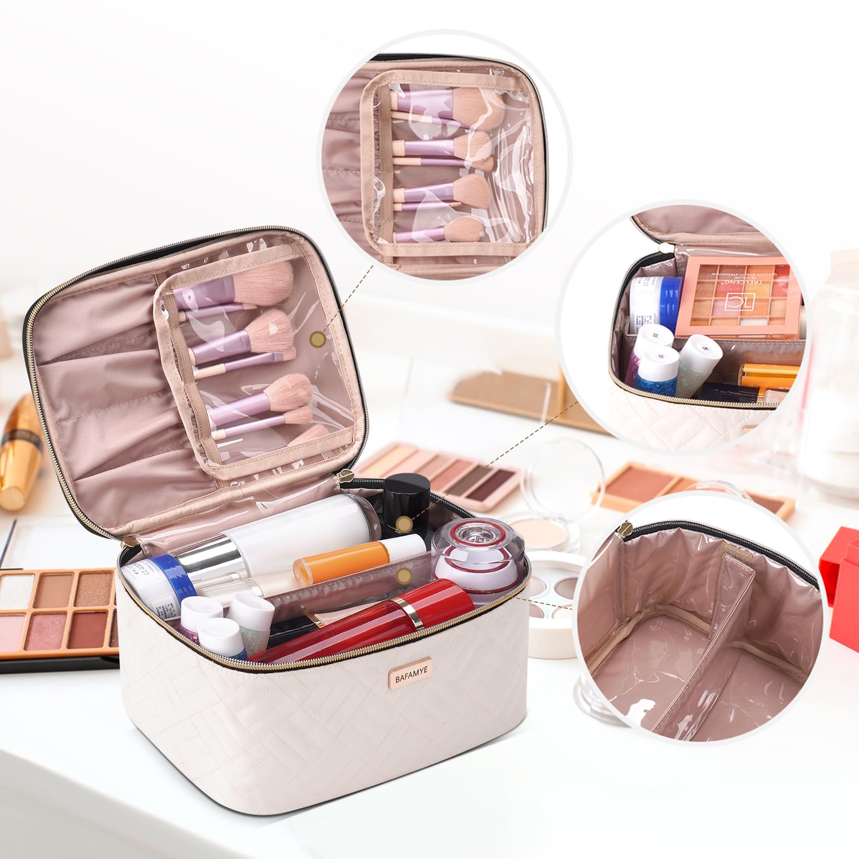 5L Travel Makeup Bag for Women - Large Capacity Cosmetic Organizer with Dividers, Portable Toiletry Case for Travel (Beige, 1.34 GAL) | Perfect for Vacation, Business Trips & Gym Essentials Storage