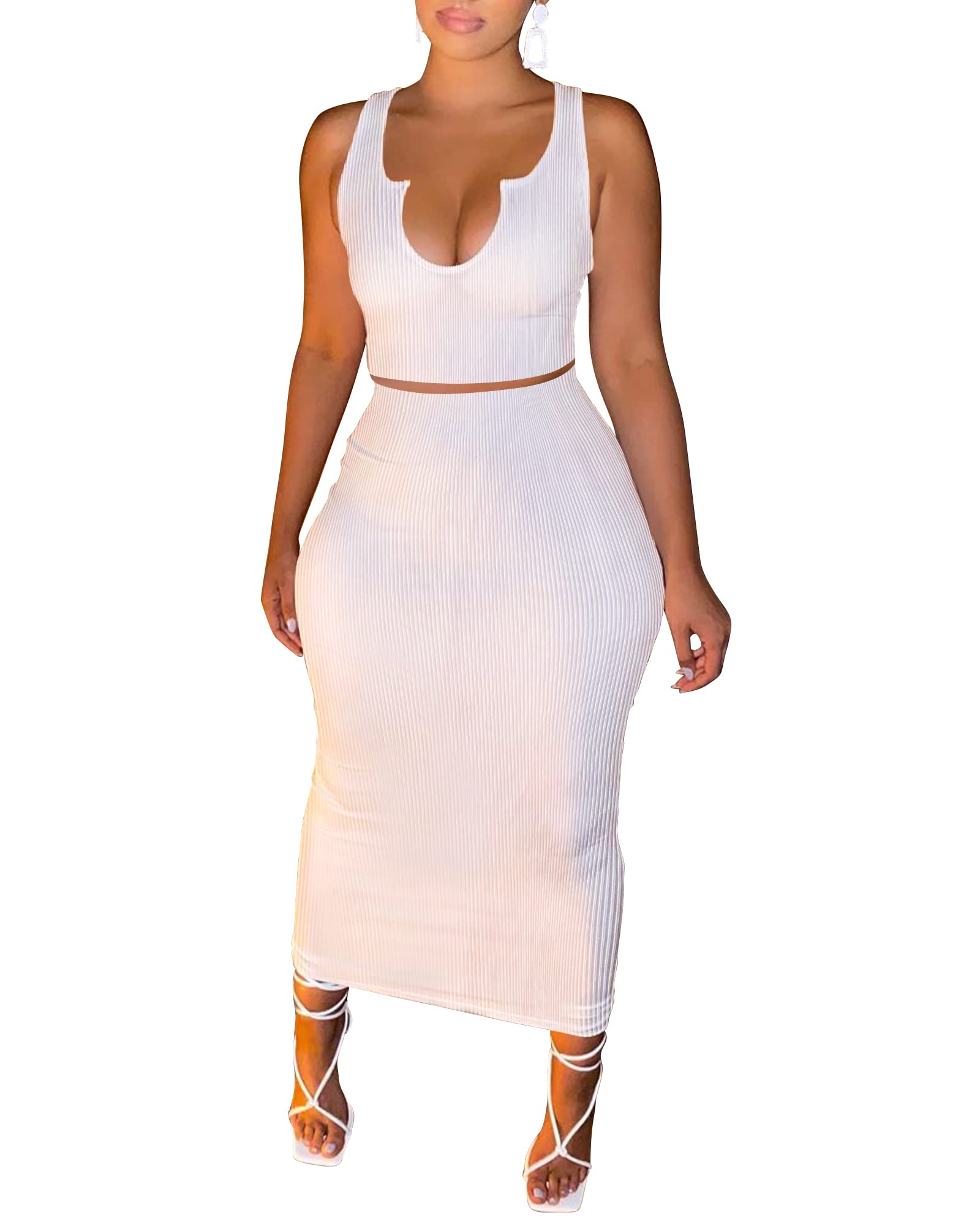 Sexy Women's Two Piece Skirt Outfit - Long Sleeve/Sleeveless V Neck Bodycon Ribbed Knit Maxi Dress for Club, Party & Night Out | Perfect for Date Night, Cocktail Events & Evening Occasions