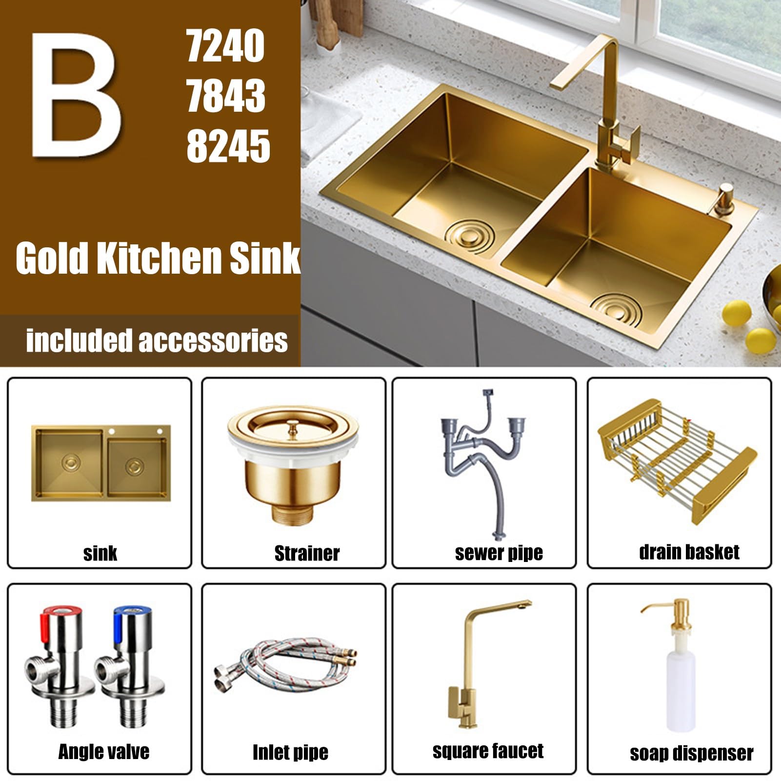 Handmade Nano Gold Double Basin Stainless Steel Kitchen Sink with Soap Dispenser - Large Capacity, Stylish & Durable (Color: Gold, Size: 82cm) - Perfect for Modern Kitchens, Restaurants & Luxury Home Renovations