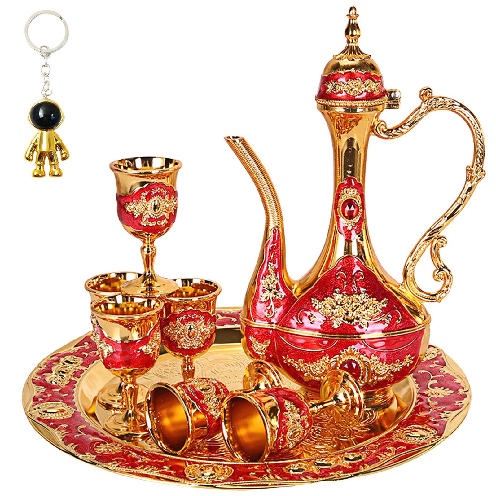 Vintage Turkish Teapot and Coffee Pot Set - 6 Metal Cups with Serving Tray - Elegant Tea Service for Home, Wedding & Gift - Perfect for Turkish Coffee Ceremonies and Table Decor