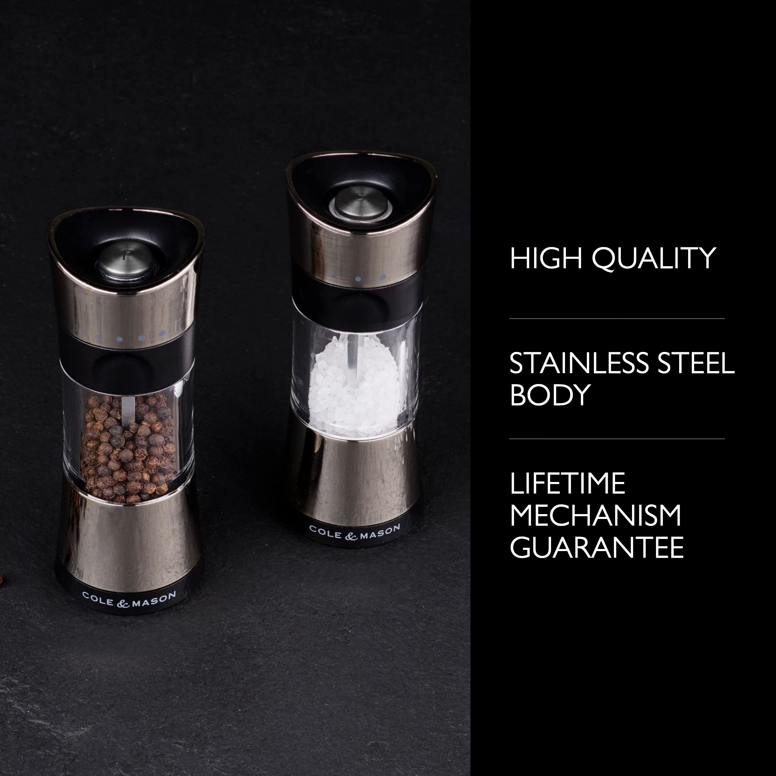 Cole & Mason 6-inch Horsham Salt & Pepper Mill Gift Set - Adjustable Refillable Chrome Spice Grinders with Precision Settings - Perfect for Kitchen, Dining Table & Gourmet Cooking Gifts