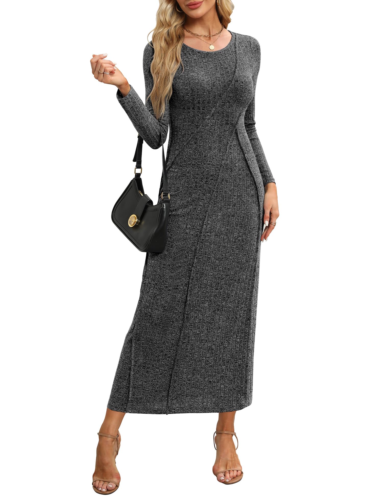 Annebouti Women's 2025 Spring Long Sleeve Ribbed Knit Sweater Maxi Dress - Elegant Crew Neck Wedding Guest Dress for Women - Perfect for Bridal Showers, Formal Events & Evening Parties