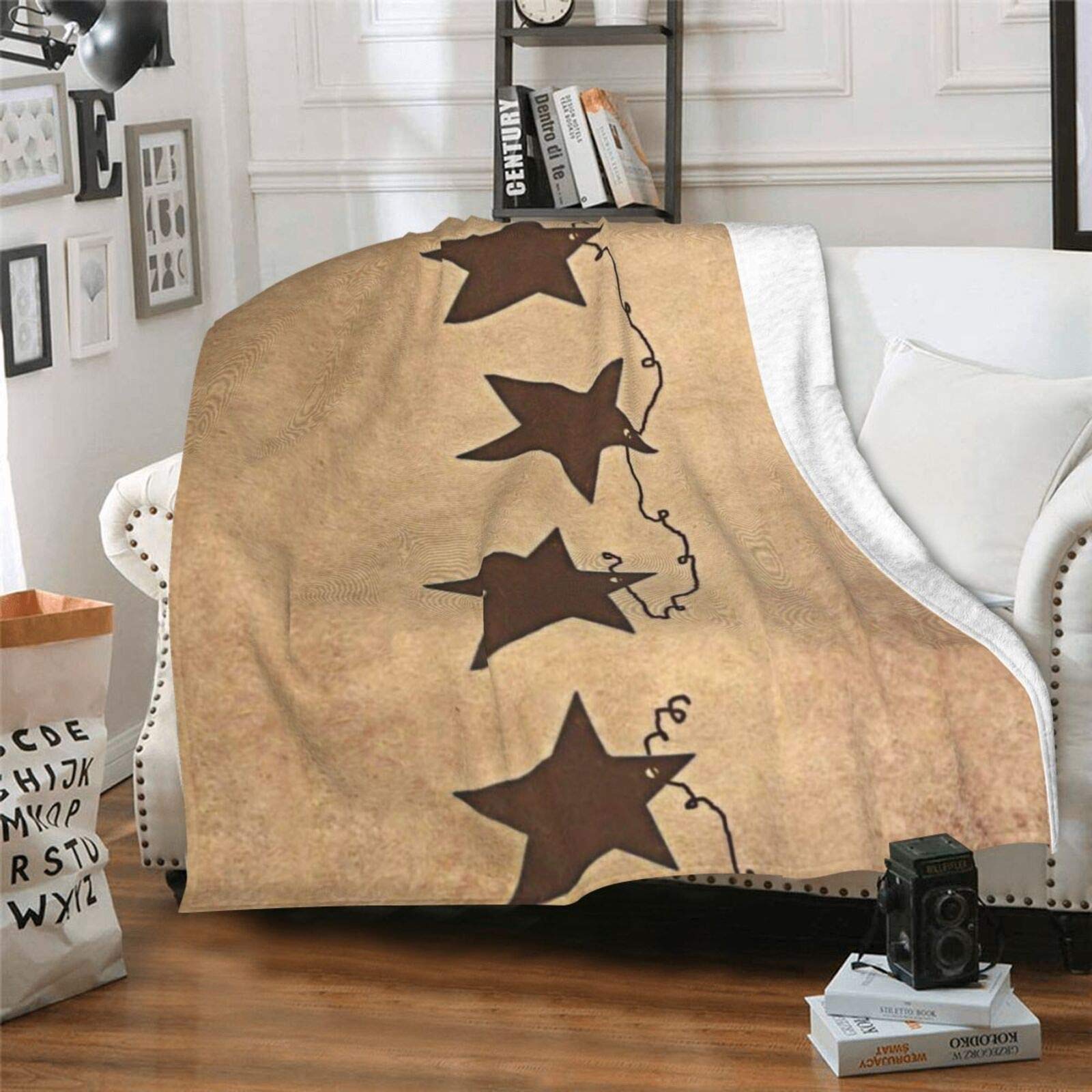 Vintage Rustic Stars Fleece Blanket - Super Soft Cozy Throw for Couch, Bed & Travel - Lightweight Warm Blanket for Home, Camping & Gifts | Country Primitive Decor