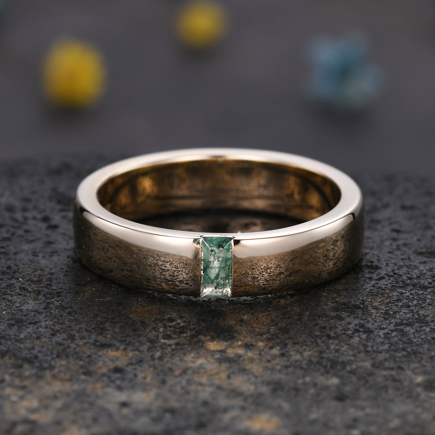 Unique 5mm Baguette Moss Agate Men's Yellow Gold Wedding Band - Perfect for Engagement Rings, Anniversary Gifts & Luxury Jewelry Collections