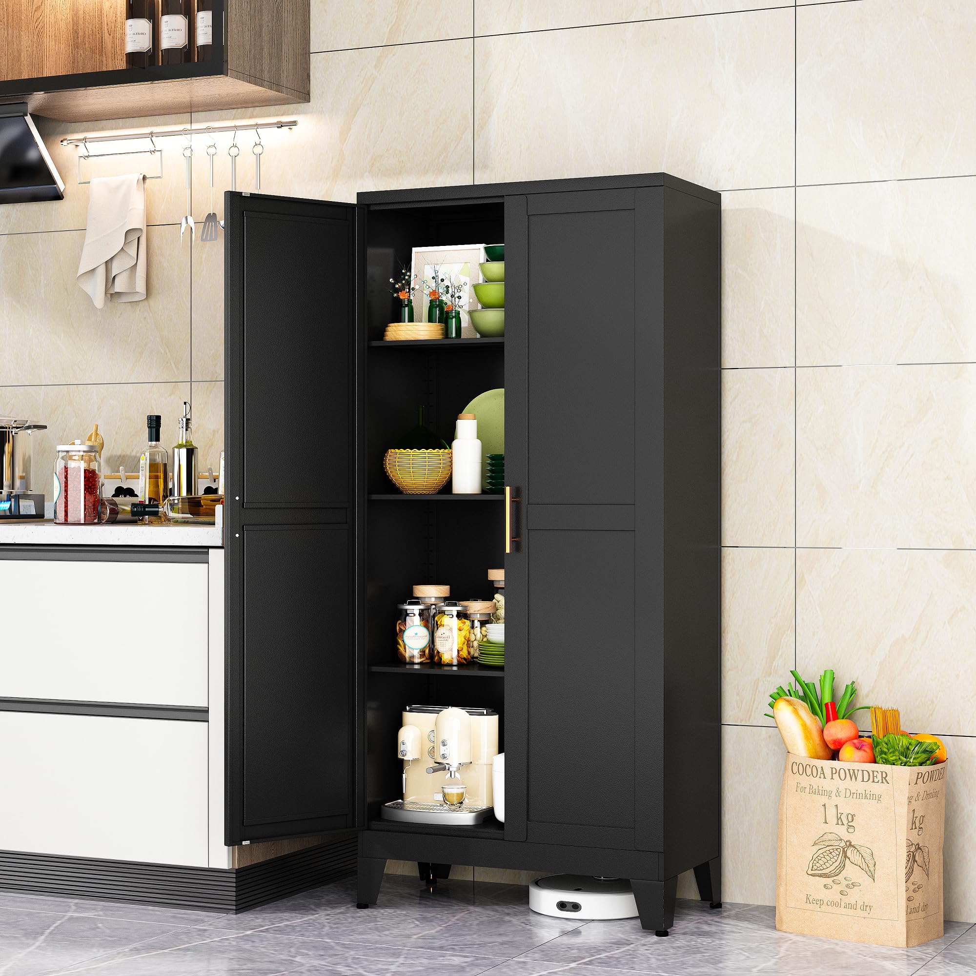 Stainless Steel Pantry Storage Cabinet with Adjustable Shelves & Feet - Heavy Duty Kitchen Organizer for Food, Spices & Supplies - Perfect for Pantry, Laundry Room, Dining Area & Home Office Storage