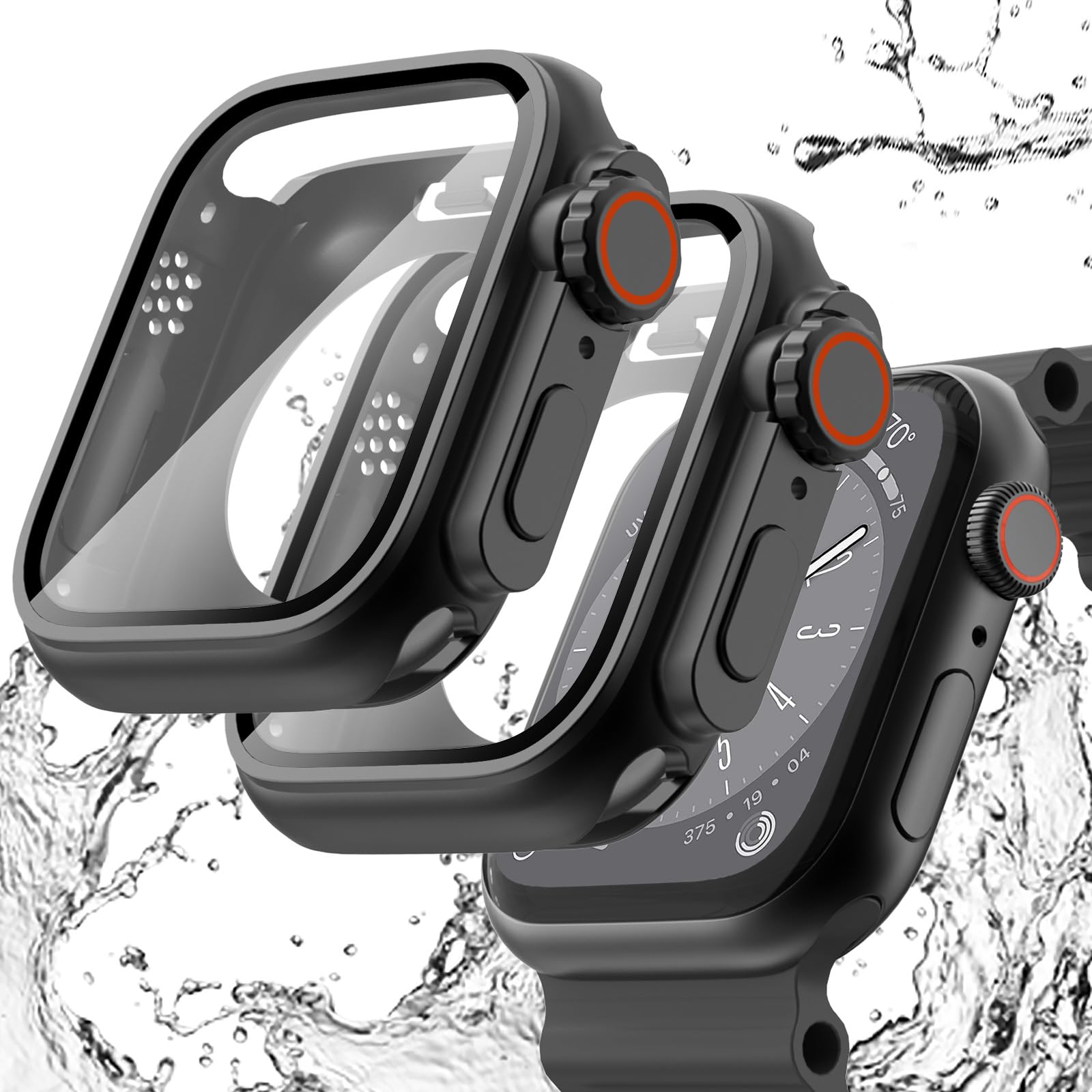 2 in 1 Waterproof Case for Apple Watch 44mm Series 6/5/4/SE with Tempered Glass Screen Protector - Black+Black (2 Pack) - Ultra Style Design - Perfect for Swimming, Running & Outdoor Activities