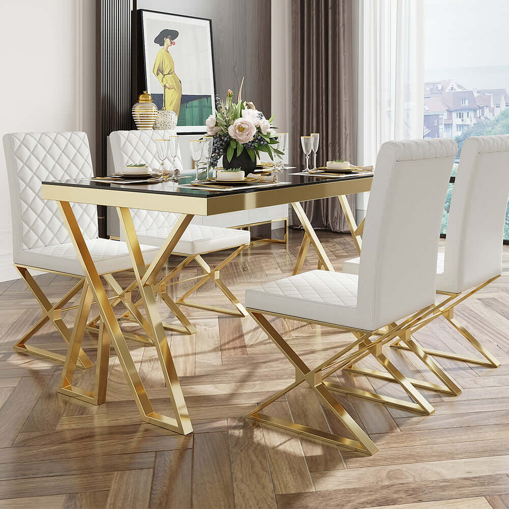 Modern Black Upholstered Leather Dining Chairs with Gold Metal Legs - Set of 2 - Elegant Seating for Dining Room, Kitchen, or Office