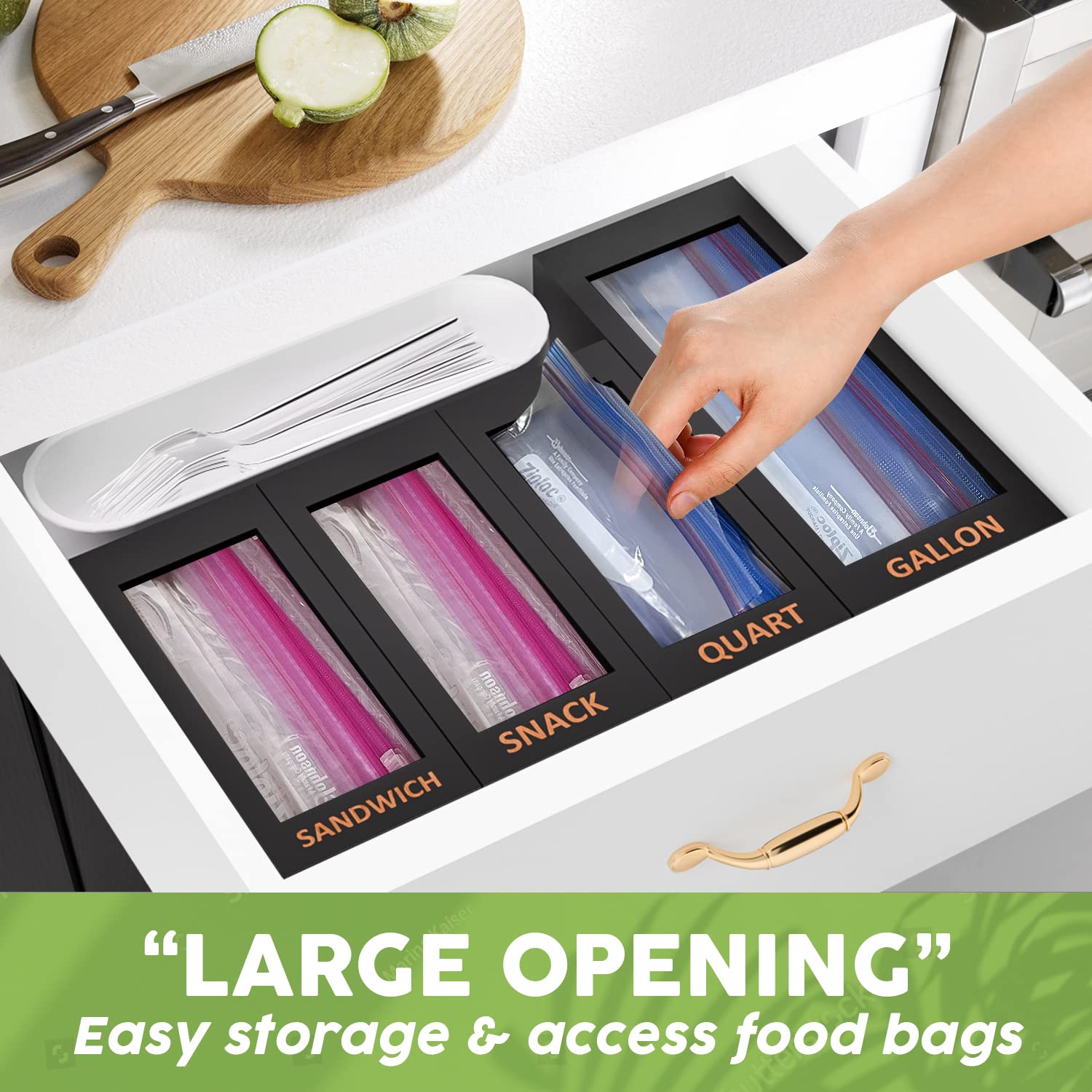 DALSHABET Bamboo Kitchen Drawer Organizer - 4 Compartment Food Storage Bag Dispenser for Gallon, Snack & Sandwich Bags (12x14 Inches, Black) | Perfect for Pantry Organization & Meal Prep Storage