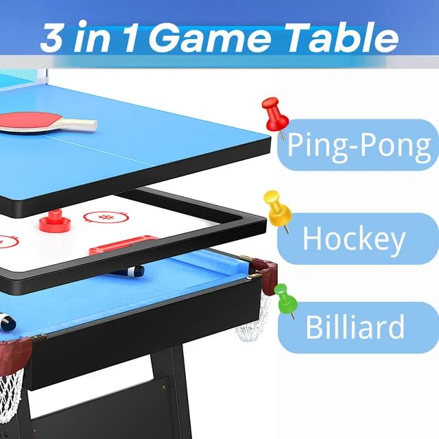 3-in-1 Multi-Game Table - 65.75 Inch Convertible Pool Table, Ping Pong Table & Air Hockey Combo for Indoor/Outdoor Use | Perfect for Family Game Rooms, Basements & Backyard Entertainment