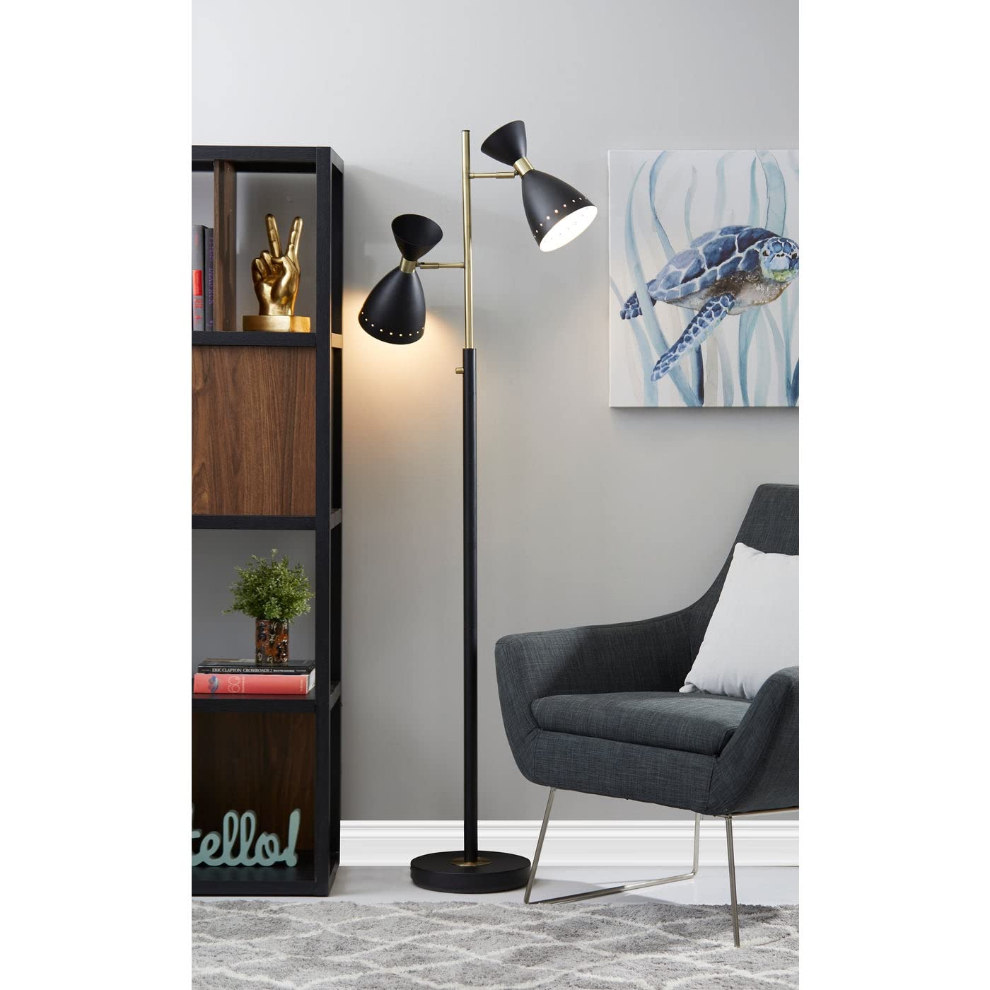 Adesso 4285-01 Oscar Tree Floor Lamp - 68 Inch Tall Black & Antique Brass Finish - 2 x 40W Bulb Capacity - Modern Lighting for Living Room, Bedroom or Office Decor