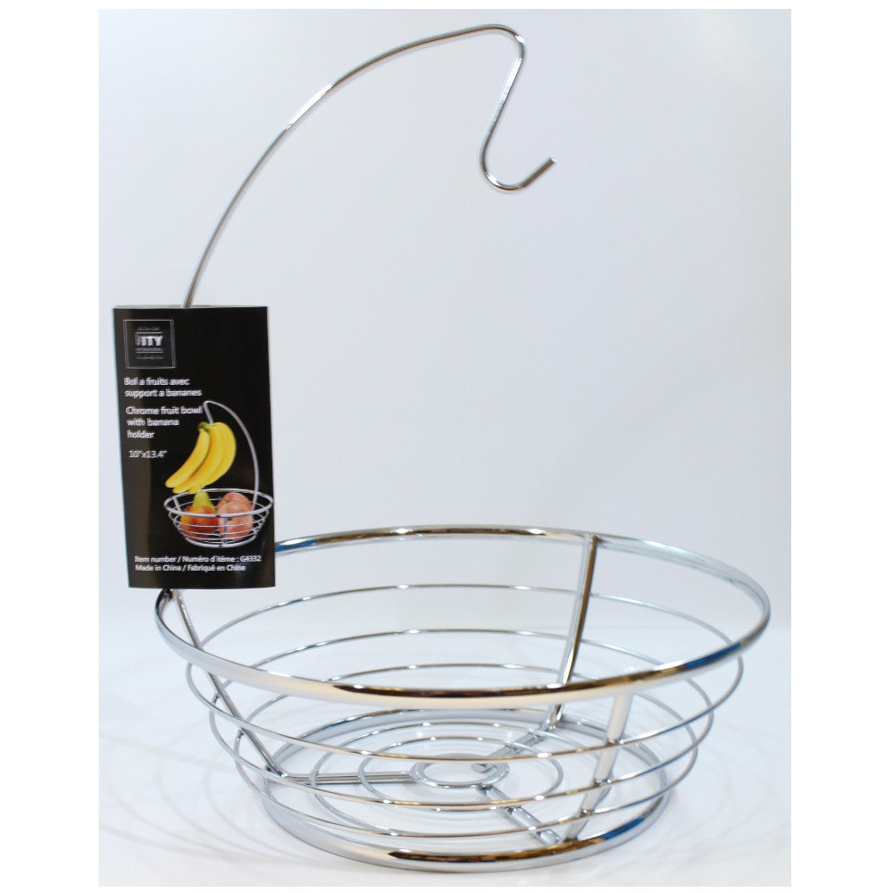 ITY Chrome Fruit Bowl with Banana Holder G4332 - Stylish Modern Fruit Basket for Kitchen Countertop, Dining Table, and Party Serving - Perfect for Bananas, Apples, Oranges, and More