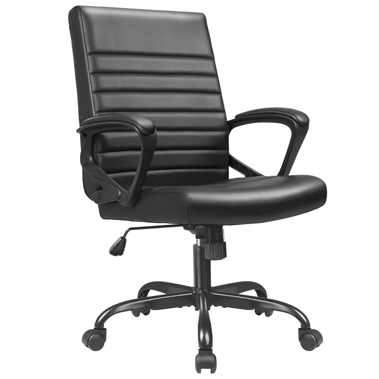 Devoko Mid Back Office Chair - PU Leather Executive Desk Chair with Padded Arms, Swivel & Rolling Wheels - Ergonomic Computer Task Chair for Home & Office Workspace (Black) - Perfect for Long Hours of Sitting, Gaming, and Remote Work