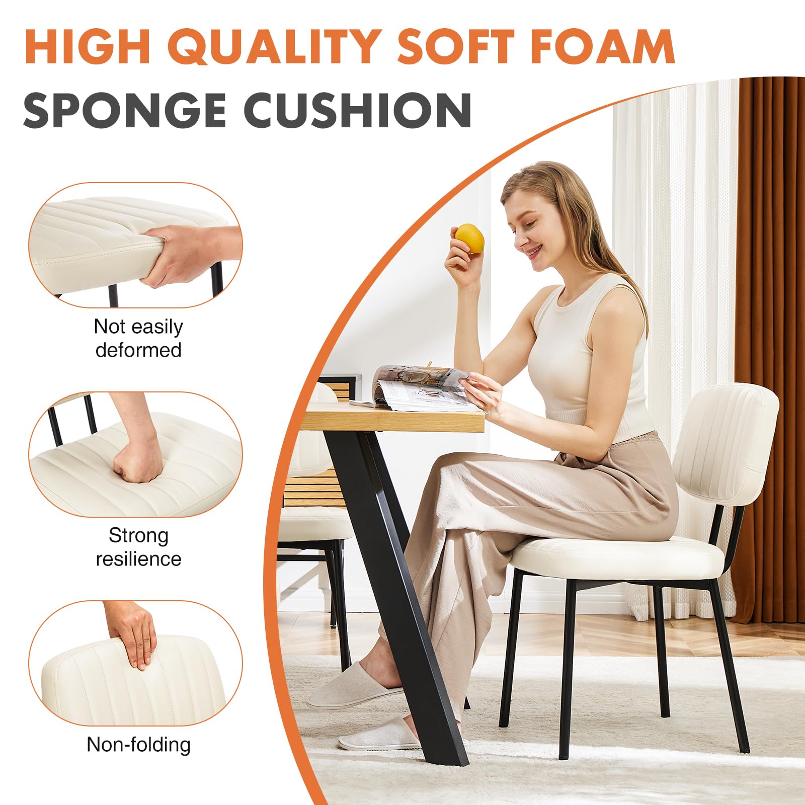 Sweetcrispy Mid Century Modern Dining Chairs Set of 4 - Upholstered Faux Leather Cushion Seat with Metal Legs, Cream White - Perfect for Kitchen, Dining Room & Living Room Accent Furniture