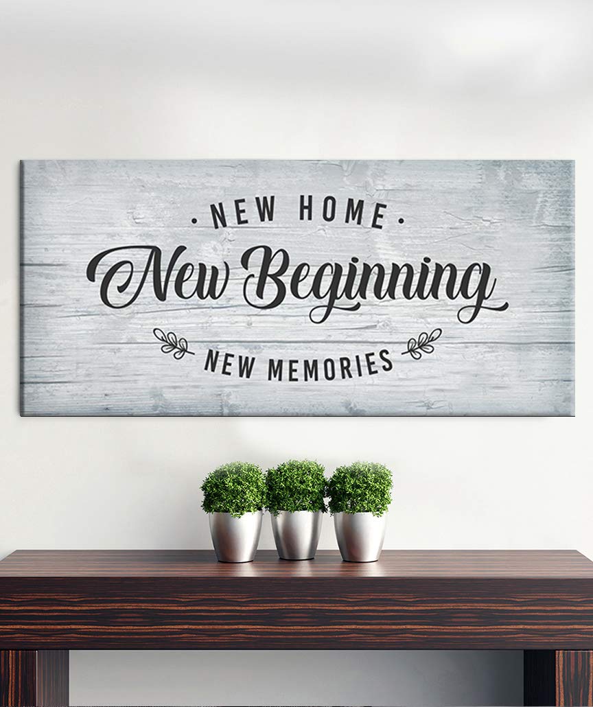 Wood Framed Canvas Wall Art - 'New Home New Beginning' Quote Sign - Rustic Home Decor for Living Room, Bedroom, Office - Perfect Housewarming Gift (Light Grey, 60x27) - Inspirational Home Decor for New Homeowners, Wedding Gifts & Apartment Decor
