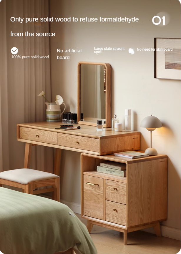 Solid Oak Wood Extendable Vanity Dressing Table with Mirror - Perfect for Bedroom Makeup & Jewelry Storage
