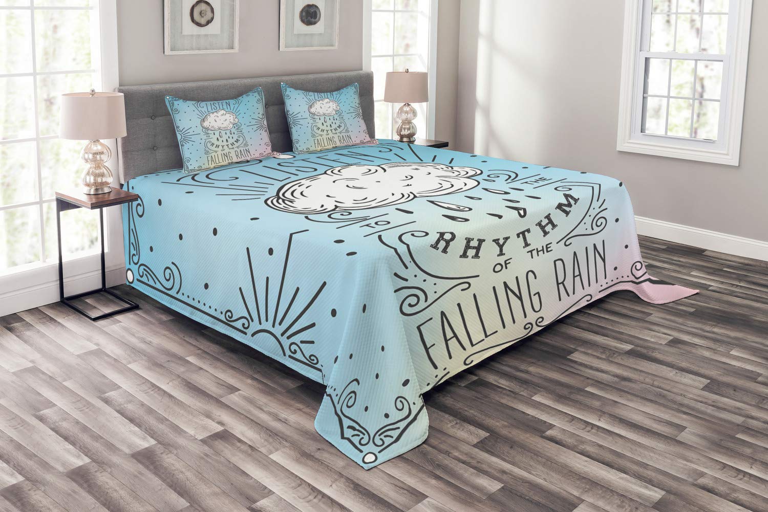 Ambesonne King Size 3-Piece Bedspread Set with 2 Pillow Shams - Listen to The Rhythm of The Falling Rain Lettering Design with Doodle Ornaments and Clouds - Decorative Quilted Coverlet in Multicolor for Bedroom, Guest Room, and Dorm Decor