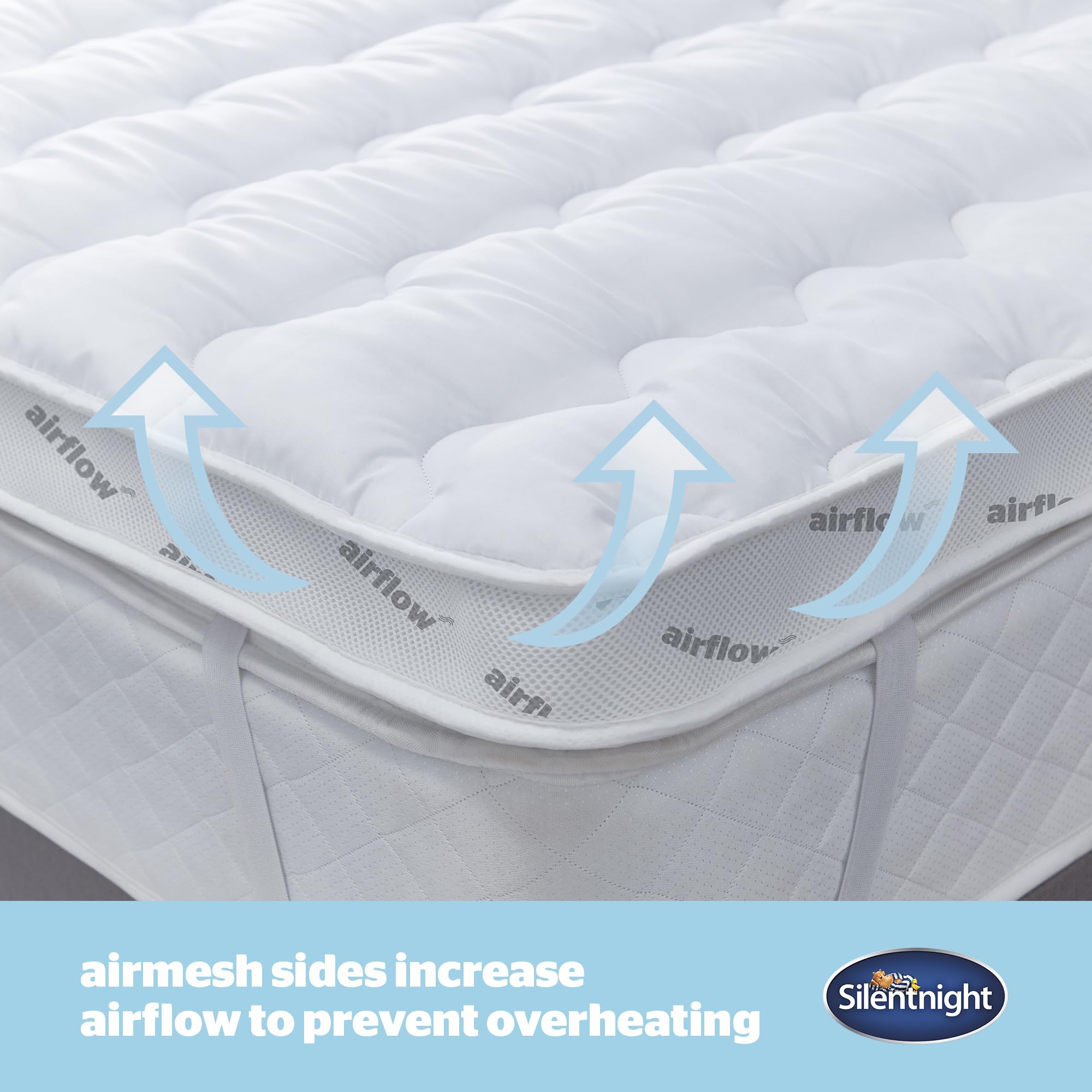 Silentnight Airflow 800 Double Mattress Topper - 8cm Extra Thick Cooling Mattress Pad with Deep Fitted Design, Breathable Mesh Sides & Elastic Straps - Double Size 190x135cm (75x53in) - White - Perfect for Hot Sleepers & Pressure Relief