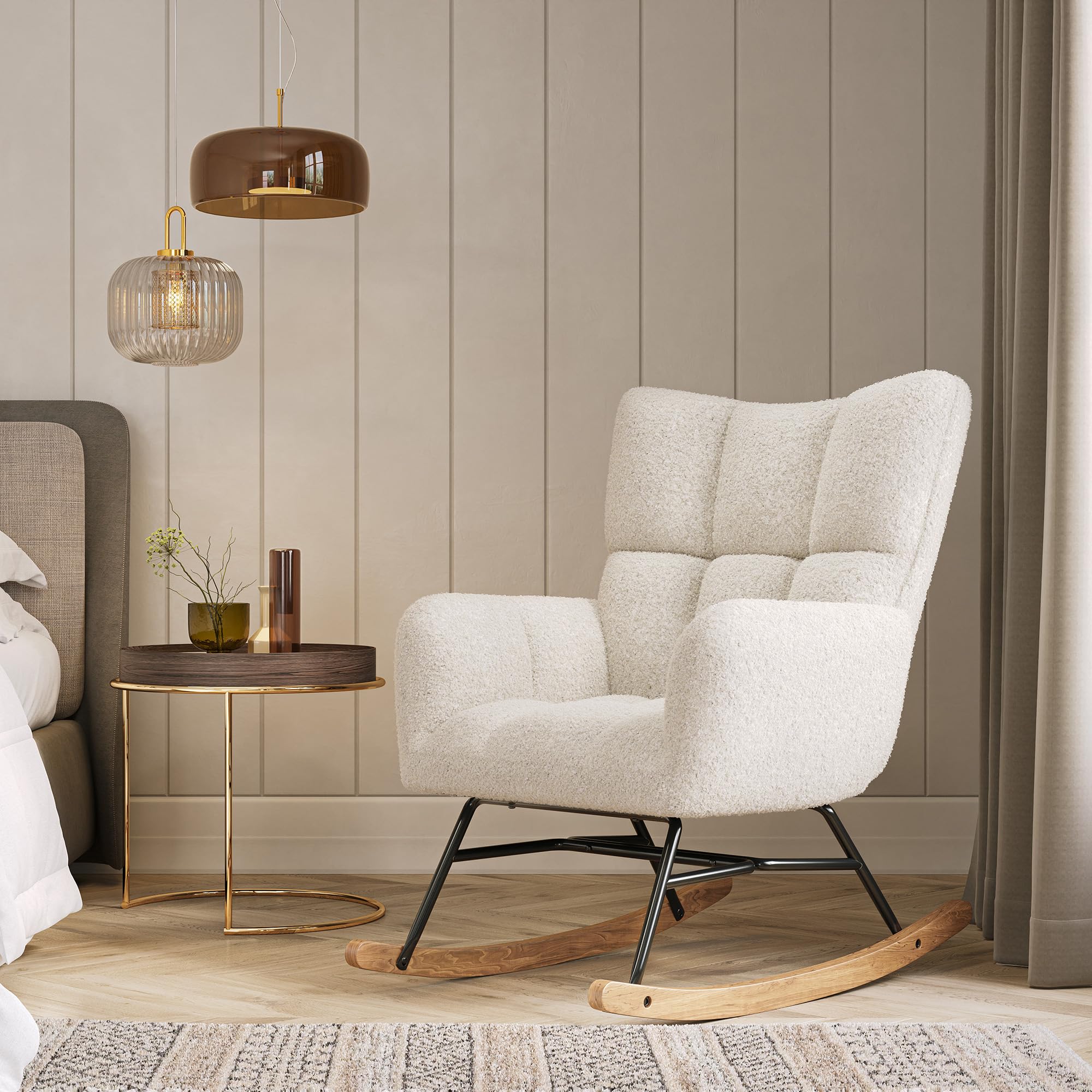 BELLEZE Upholstered Rocking Glider Chair with Cushioned Back & Armrests - Wide Seat Nursery Rocker for Bedroom, Living Room, Office - Perfect for Nursing, Relaxing & Reading (Lucy - White)