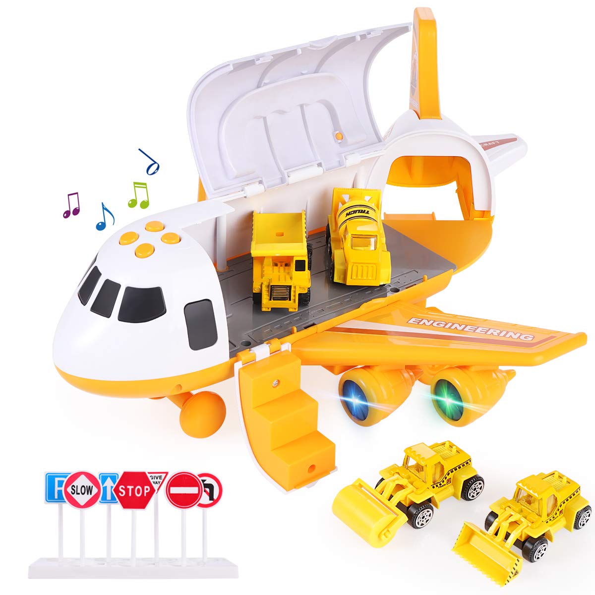 Transformable Airplane & Vehicle Toys Set - Fire Truck, Police Car & Construction Vehicles for Kids | Christmas & Birthday Gift for 3-6 Year Old Boys | Storage Box Included (Yellow & Blue) | Pretend Play, Travel & Learning Toys