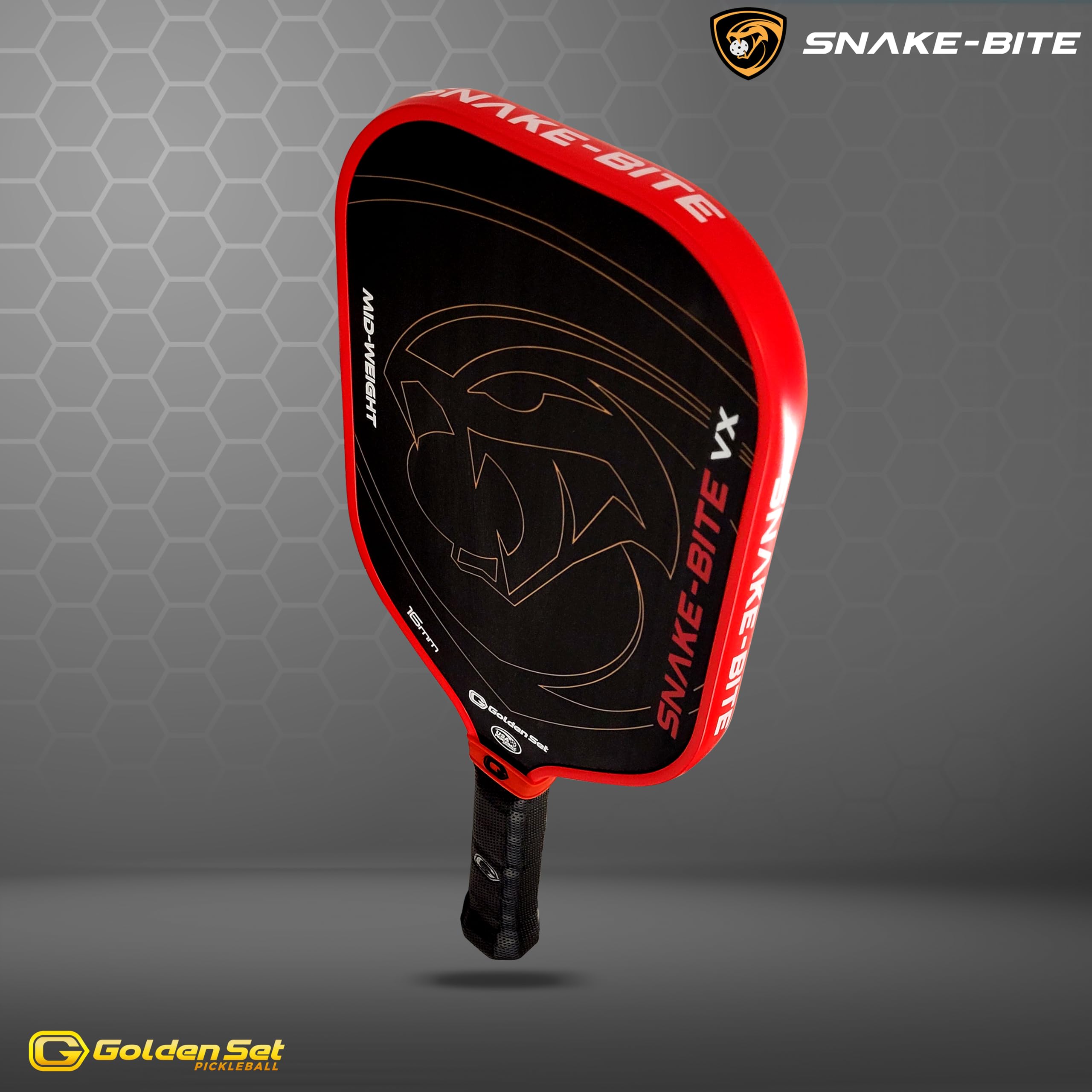 Premium Golden Set Snake-Bite VX Pickleball Paddle - USAP Approved Thermoformed T-700 Carbon Fiber Mid-Weight Paddle for Competitive Play & Tournament Use - Perfect for Outdoor & Indoor Pickleball Games
