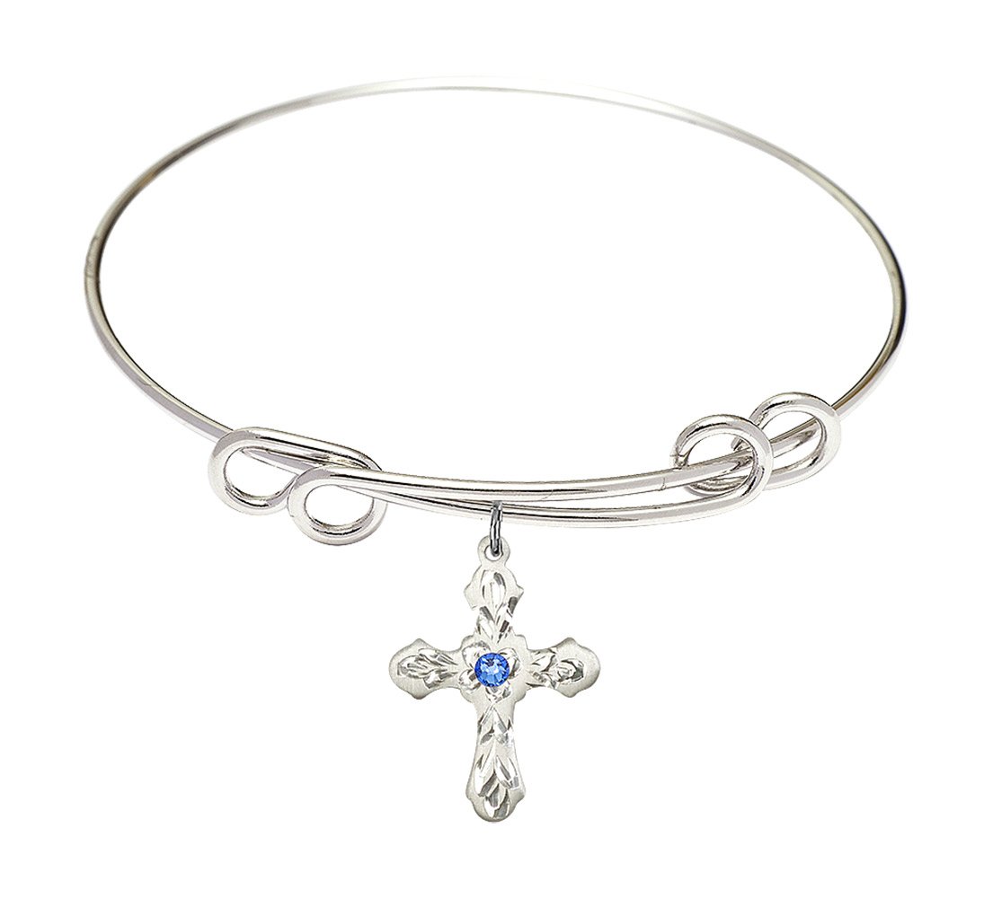 8 1/2 Inch Round Double Loop Bangle Bracelet with Cross Charm & September Birthstone Blue Crystal - Perfect for Everyday Wear, Gift Giving & Special Occasions