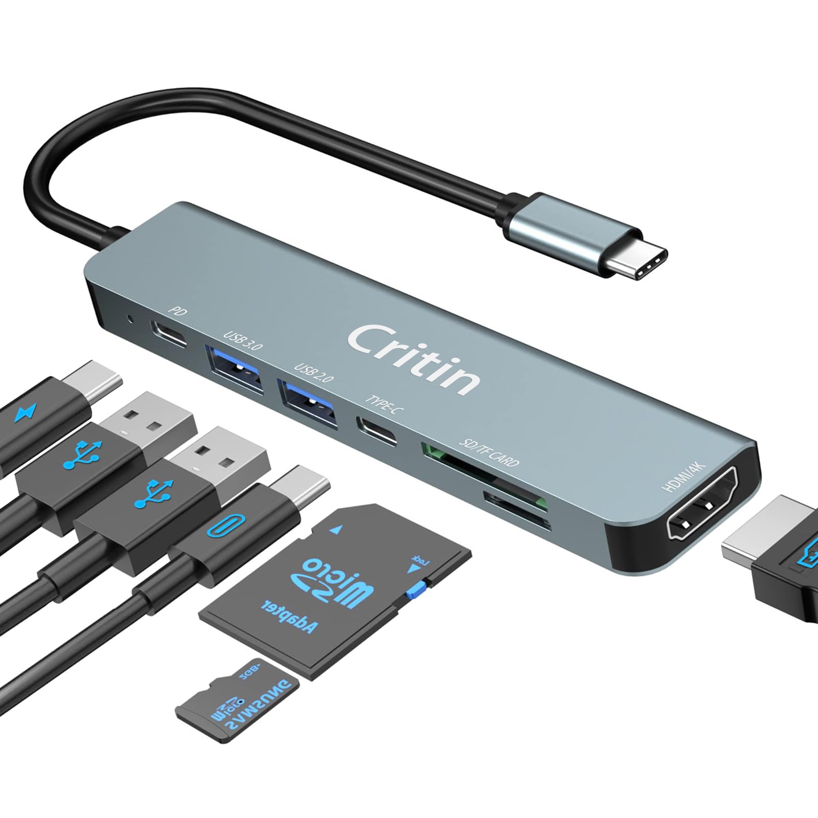 7-in-1 USB C Hub with 4K HDMI, 100W PD Charging, 2 USB-A 5Gbps, SD/TF Card Reader - Aluminum Multiport Adapter for MacBook Pro/Air, Surface Pro, iPad Pro, XPS, HP, Lenovo - Perfect for Home Office, Online Meetings, Gaming & Travel Accessories