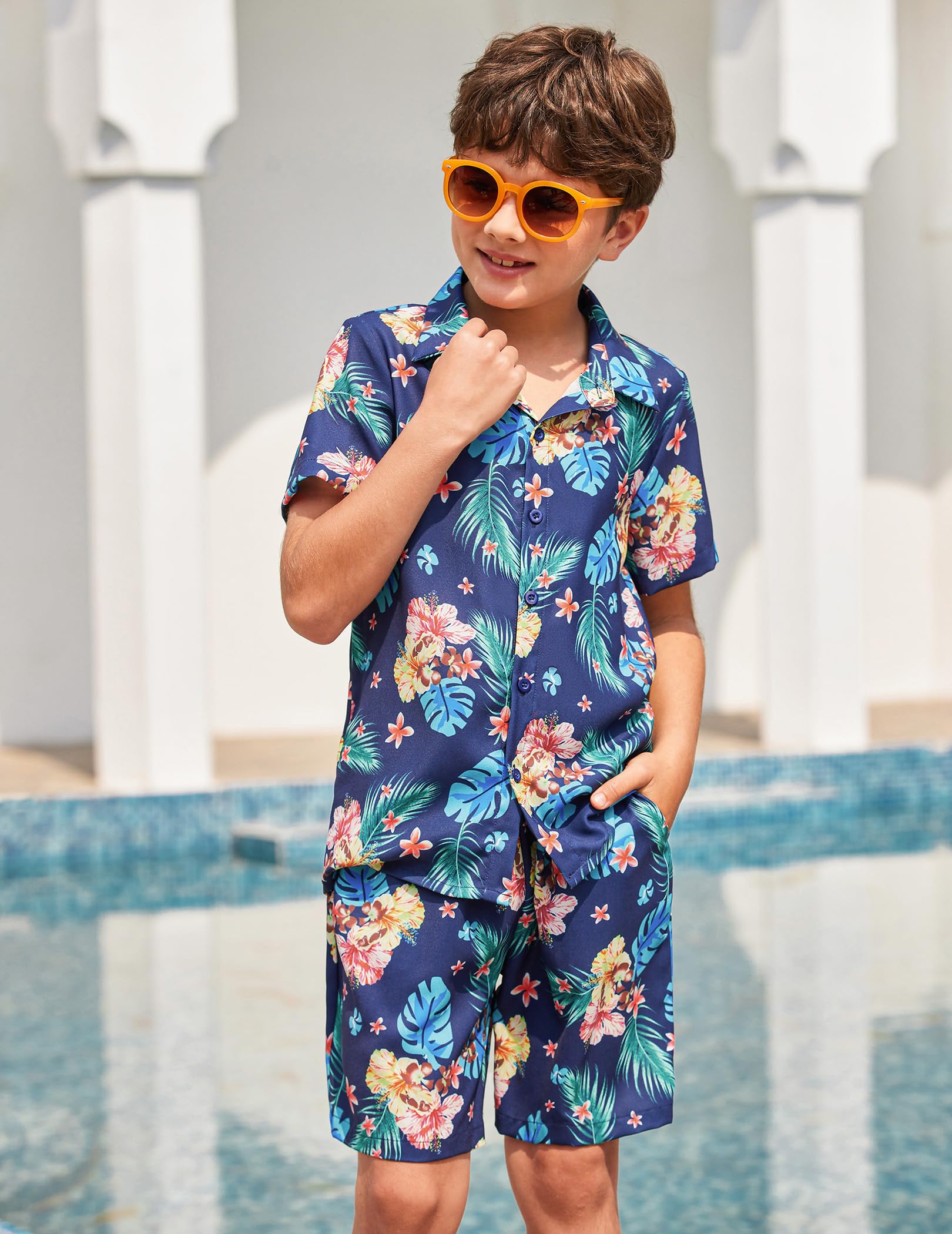 Arshiner Boys 2-Piece Hawaiian Outfit Set - Button Down Shirt & Shorts for Summer Beach Vacation | Tropical Casual Wear for Kids Ages 4-12 | Perfect for Pool Parties, Family Trips & Outdoor Adventures