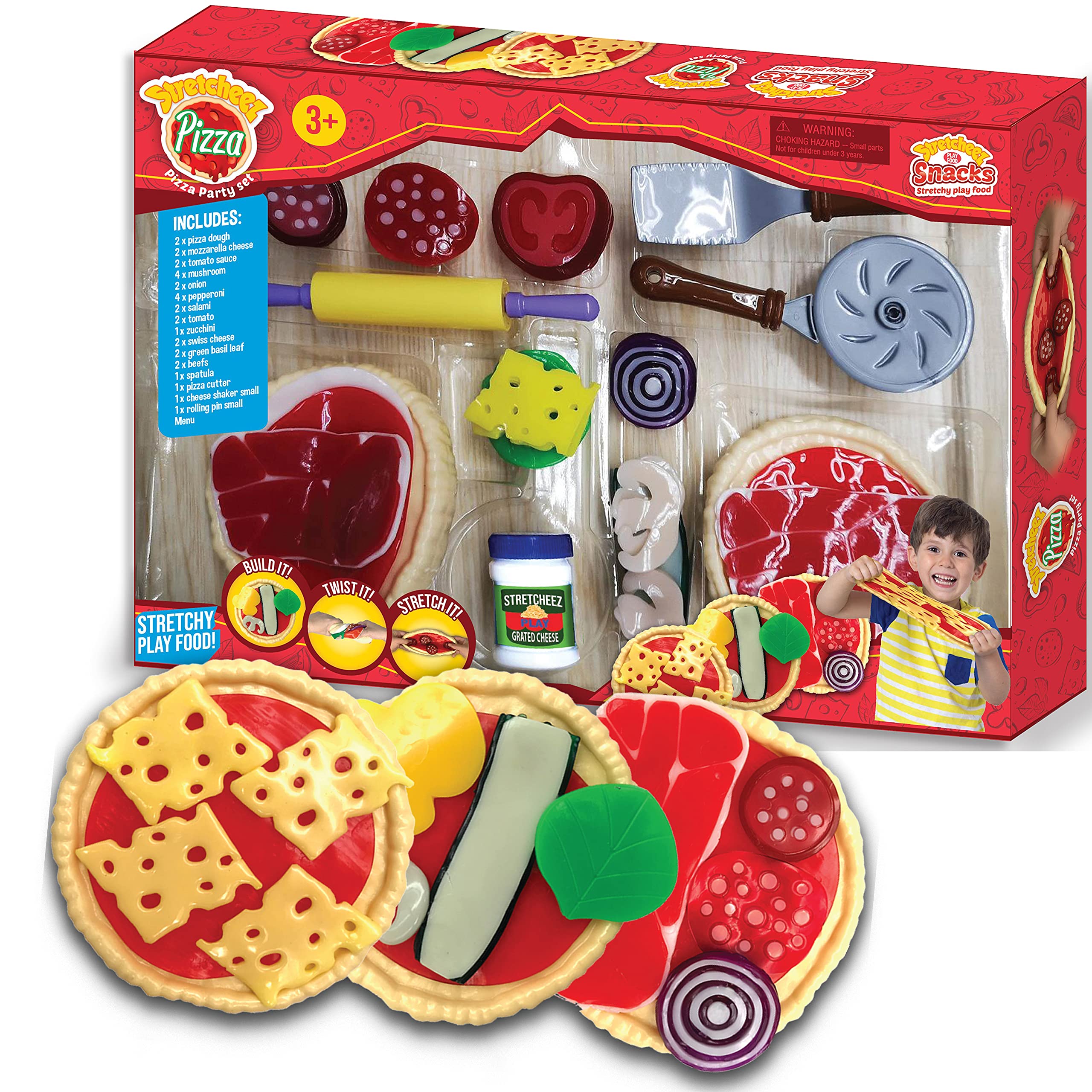 Stretcheez Pizza Party Set - Realistic & Squishy Play Food Toys for Kids - Pretend Play Kitchen Accessories for Toddlers & Preschoolers