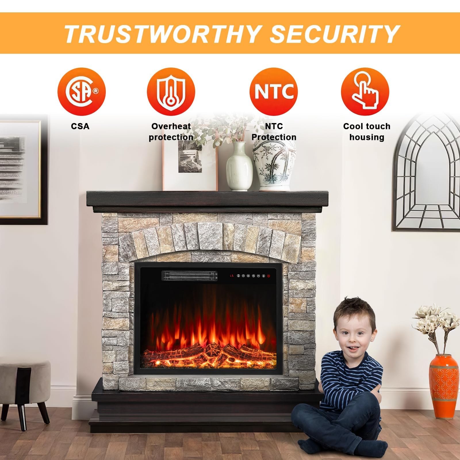 BOSSIN 36 Inch Electric Fireplace with Mantel - 23 Inch Insert, Freestanding TV Stand Heater with Remote Control & Timer, Realistic LED Flame - Faux Stone Gray - Perfect for Living Room, Bedroom & Office Warming