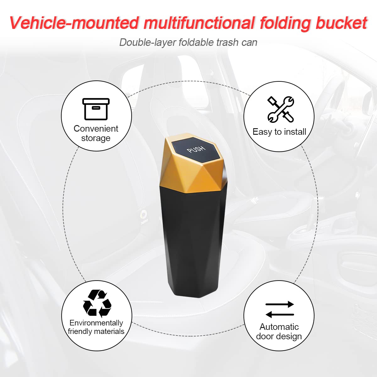 Leakproof Car Trash Can with Lid - Mini Portable Auto Garbage Bin for Vehicles, Waterproof Diamond Design Dustbin - Ideal for Car, Home, Office, Kitchen & Bedroom - Gold (1 Pack) | Perfect for Road Trips, Commuting & Keeping Your Space Clean