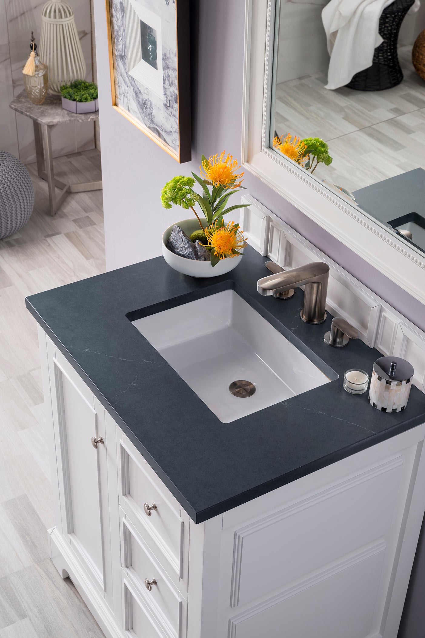 De Soto 30 Inch Single Bathroom Vanity Set with Bright White Finish & 3CM Charcoal Soapstone Quartz Countertop - Perfect for Modern Bathroom Remodeling and Small Space Solutions