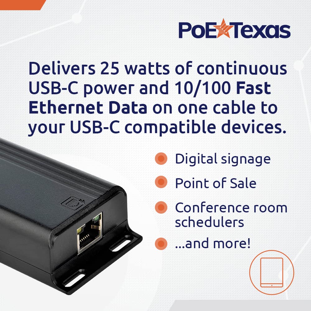 PoE Texas PoE+ to USB-C Power and Data Converter - Compatible with Apple iPad Pro, Air, Mini, Google Pixel, Lenovo M10+, Microsoft Surface Go/Pro - Ideal for POS Systems, Digital Signage, Kiosks & Smart Office Setup